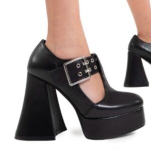 Lamoda Black Platform Chunky Heels adjustable Square Double eyelet Buckle